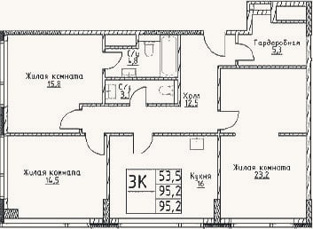 Планировка: 3-к, 95,2 м²