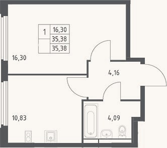 Планировка: 1-к, 35,4 м²
