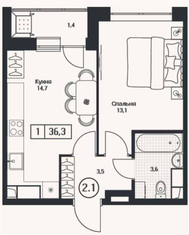 Планировка: 1-к, 34,9 м²