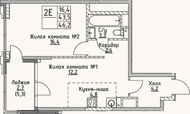 Планировка: 2-к, 43,5 м²