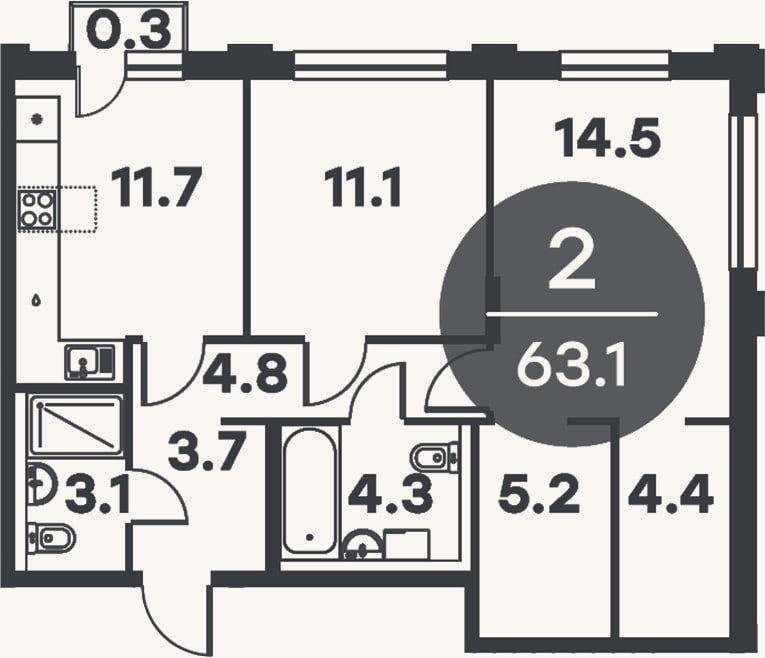 Планировка: 2-к, 62,8 м²