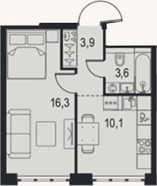 Планировка: 1-к, 33,9 м²