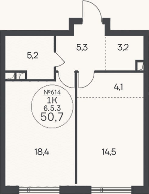 Планировка: 1-к, 50,7 м²