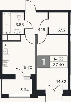 Планировка: 1-к, 35,6 м²