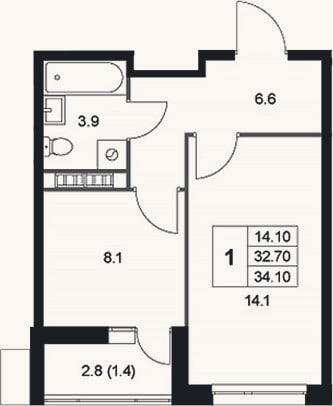 Планировка: 1-к, 32,7 м²