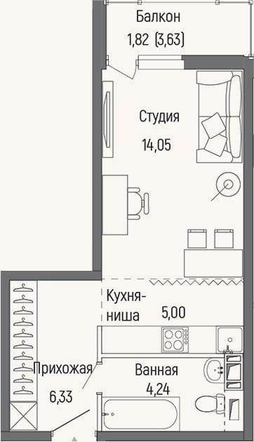 Планировка: Студия, 29,6 м²