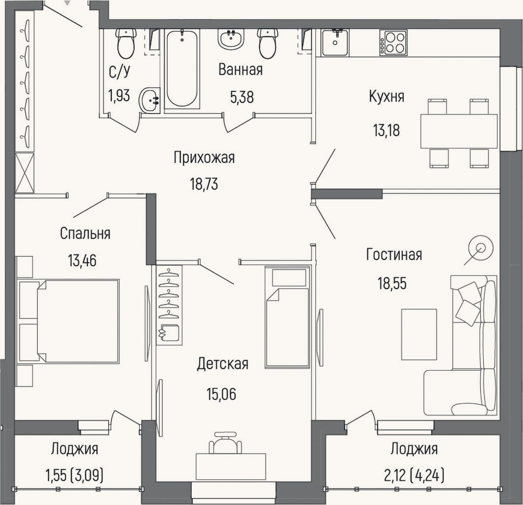 Планировка: 3-к, 86,3 м²