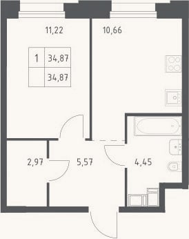 Планировка: 1-к, 34,9 м²