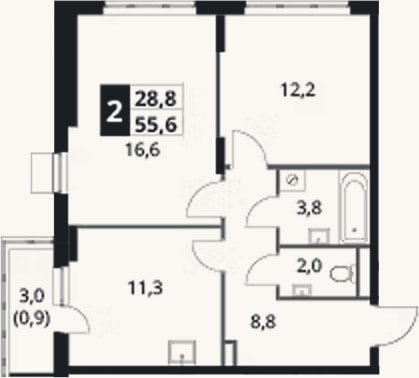 Планировка: 2-к, 54,7 м²
