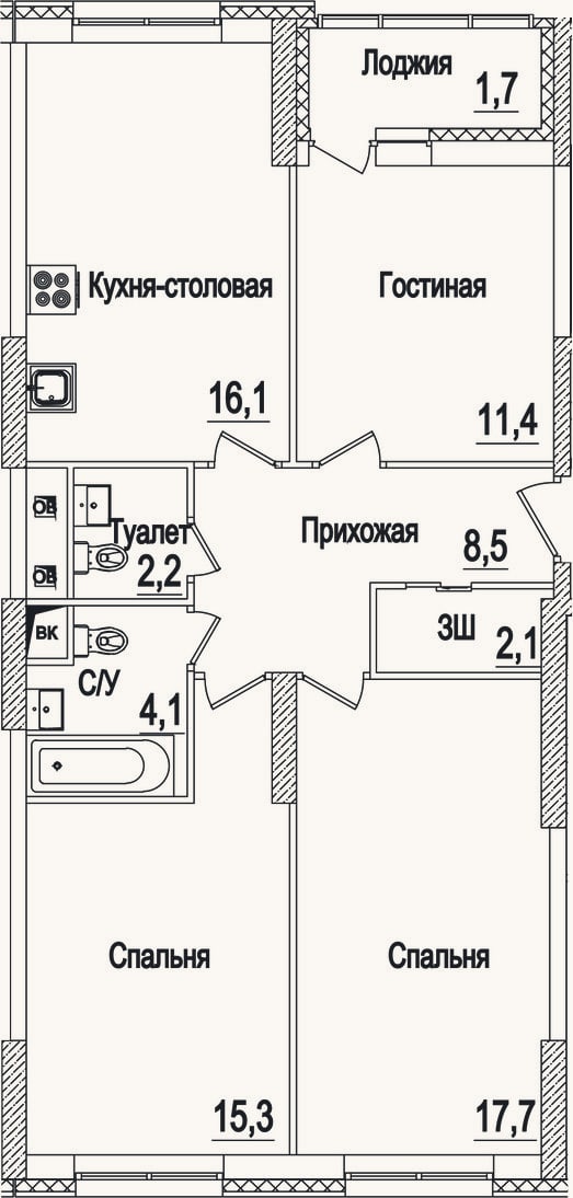 Планировка: 4+ к, 77,4 м²