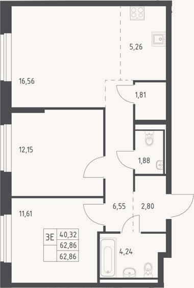 Планировка: 3-к, 62,9 м²