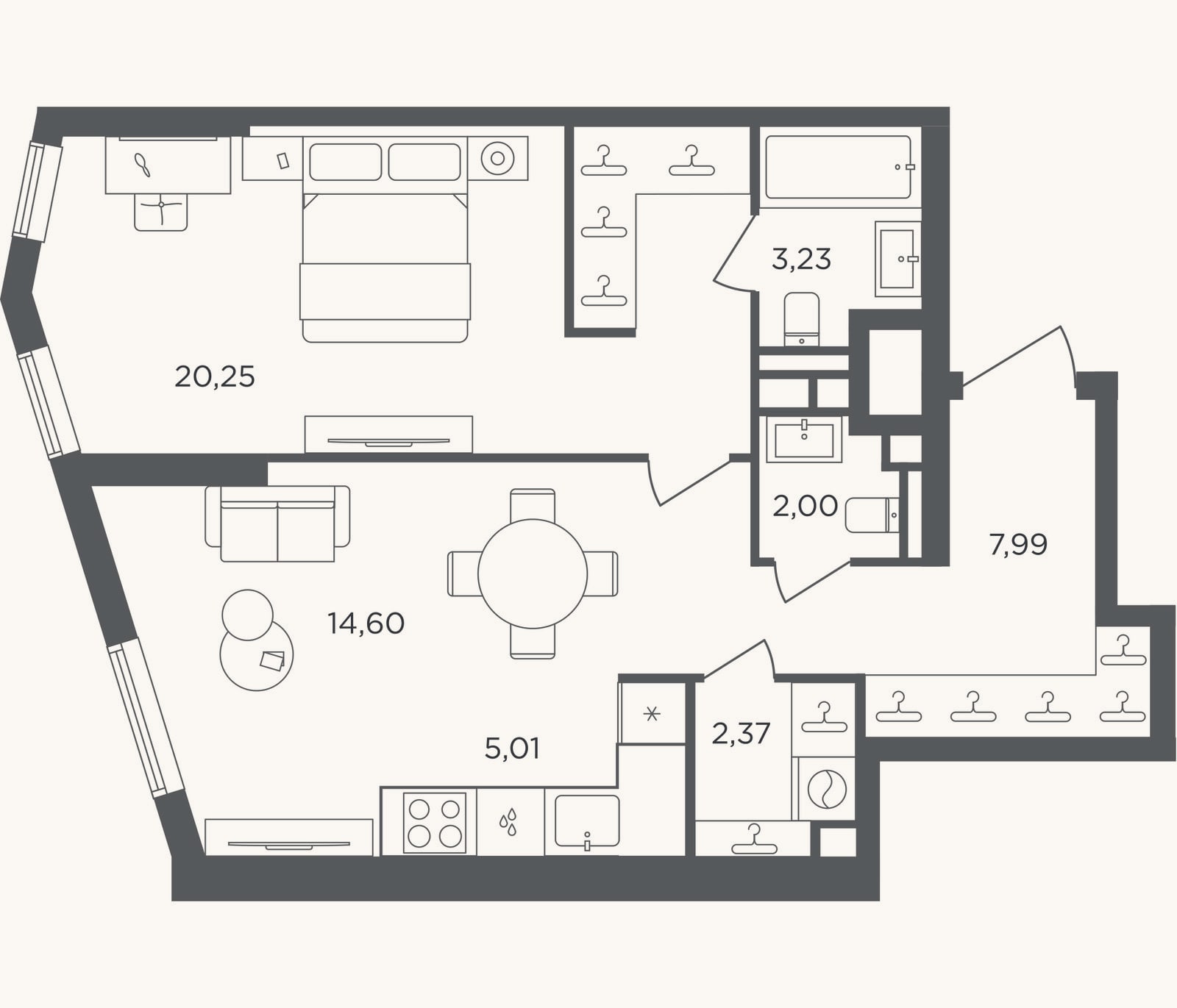 Планировка: 2-к, 55,5 м²