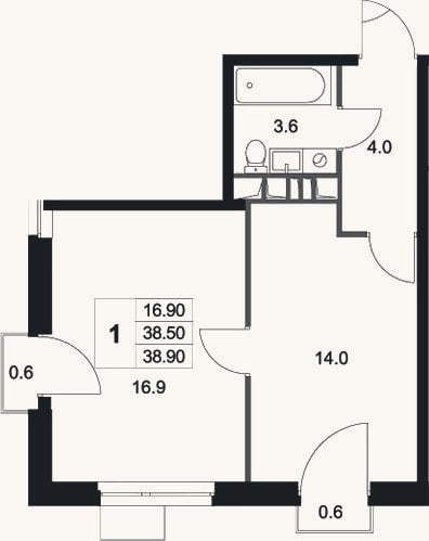 Планировка: 1-к, 38,5 м²