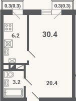 Планировка: 1-к, 29,8 м²