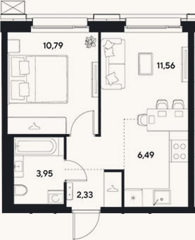 Планировка: 2-к, 35,1 м²