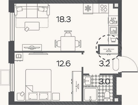 Планировка: 2-к, 37,1 м²