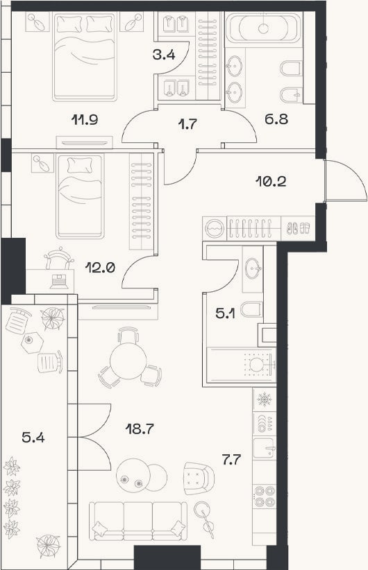 Планировка: 3-к, 77,3 м²