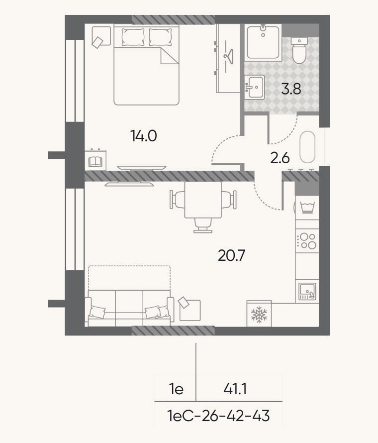 Планировка: 2-к, 41,1 м²