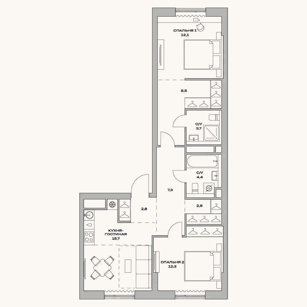 Планировка: 3-к, 70,7 м²
