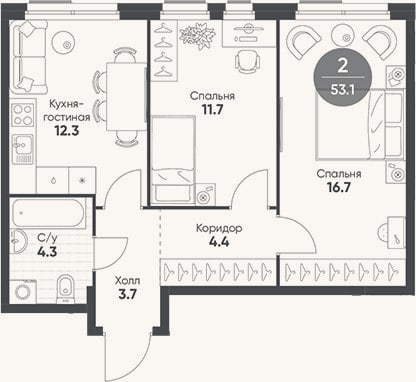 Планировка: 3-к, 53,1 м²