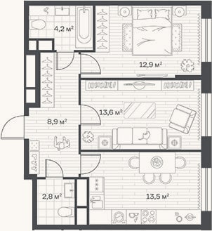 Планировка: 2-к, 55,9 м²