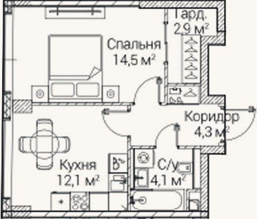 Планировка: 1-к, 38,2 м²