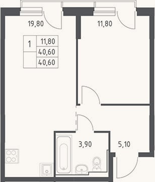 Планировка: 2-к, 40,6 м²