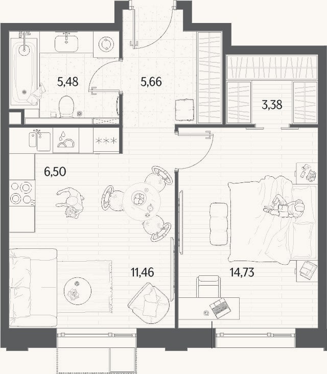 Планировка: 2-к, 47,2 м²
