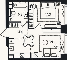 Планировка: 2-к, 45,1 м²