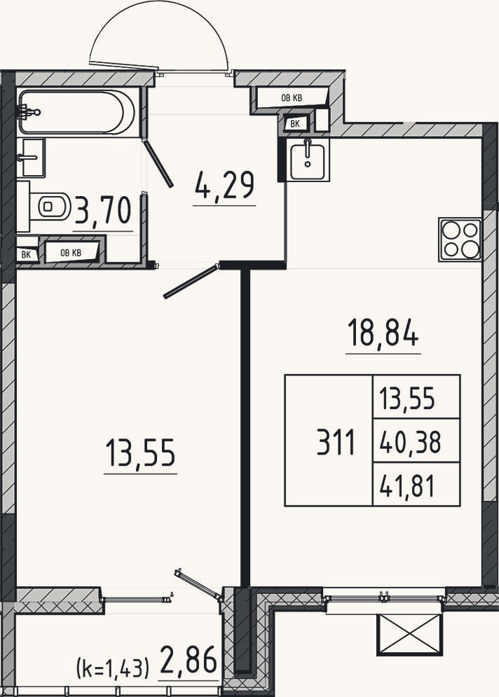 Планировка: 2-к, 40,4 м²
