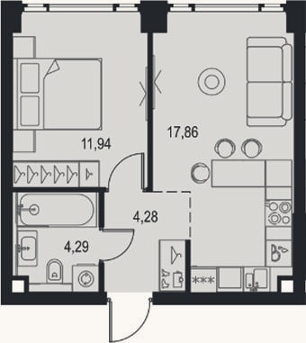 Планировка: 2-к, 38,4 м²