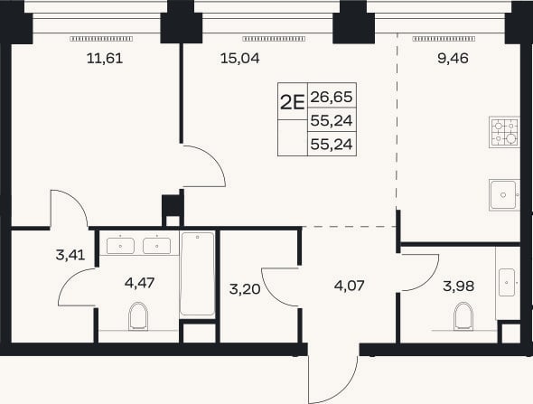 Планировка: 2-к, 55,2 м²