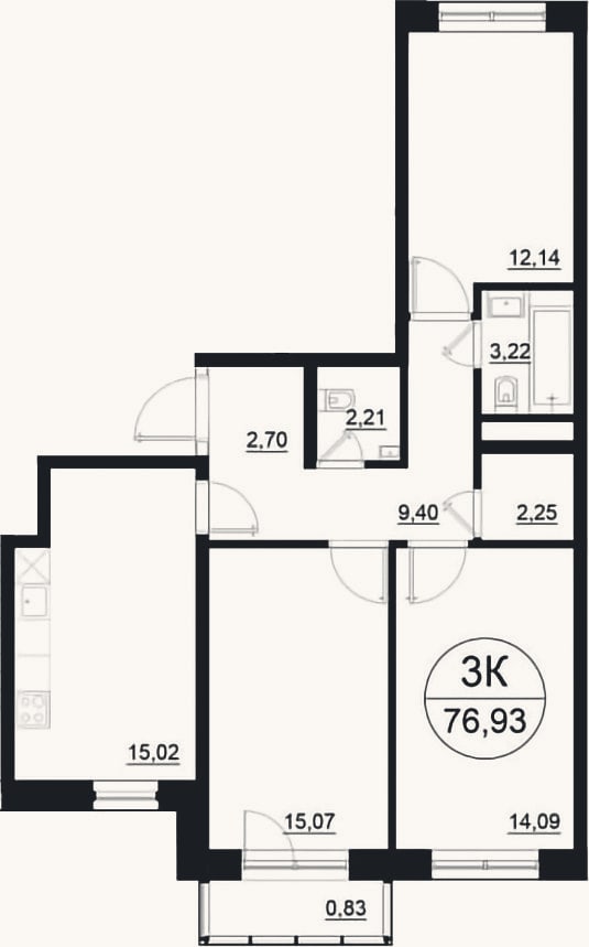 Планировка: 3-к, 76,1 м²