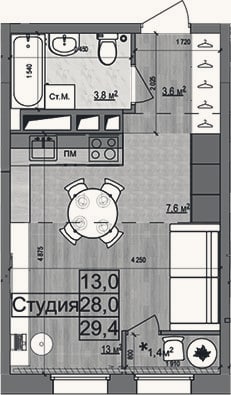 Планировка: Студия, 28 м²