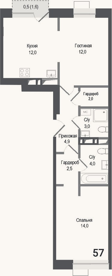 Планировка: 2-к, 54,4 м²