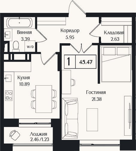 Планировка: 1-к, 44,2 м²
