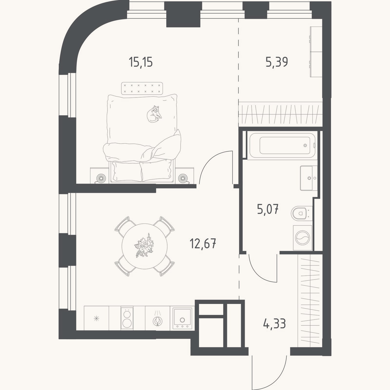 Планировка: 1-к, 42,6 м²