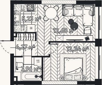 Планировка: 2-к, 38,5 м²