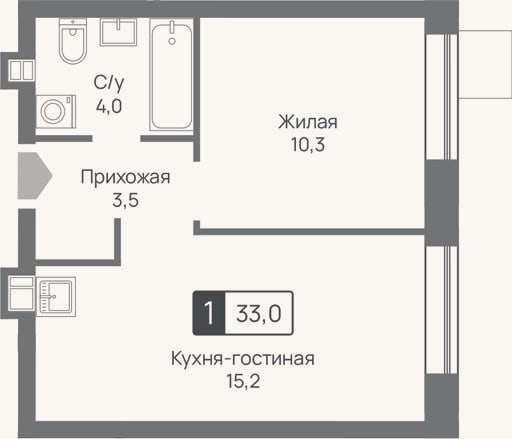 Планировка: 2-к, 33 м²