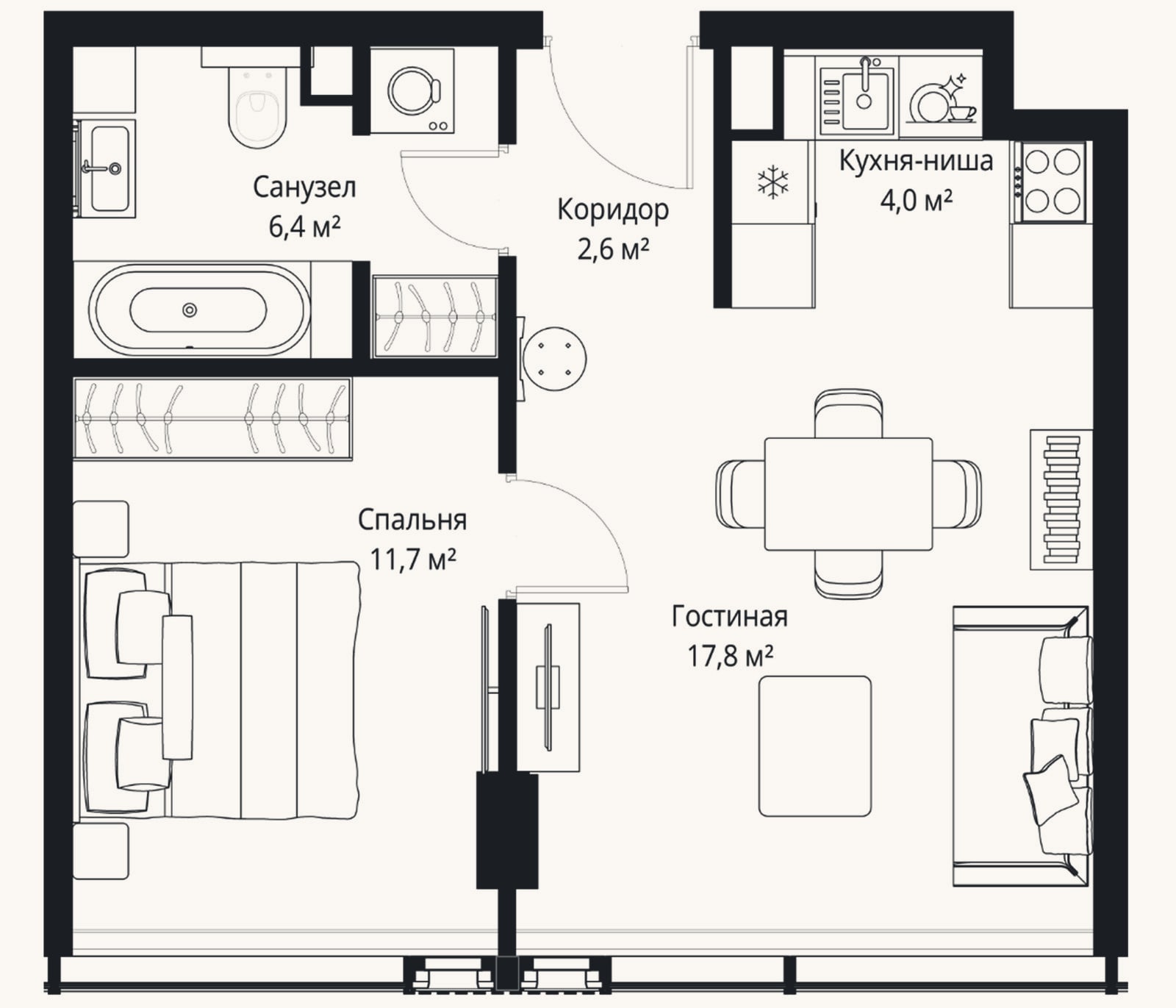 Планировка: 2-к, 42,5 м²