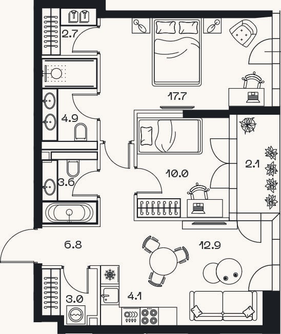 Планировка: 3-к, 65,8 м²