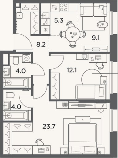 Планировка: 3-к, 66,4 м²