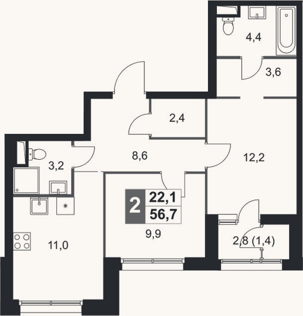 Планировка: 2-к, 55,3 м²
