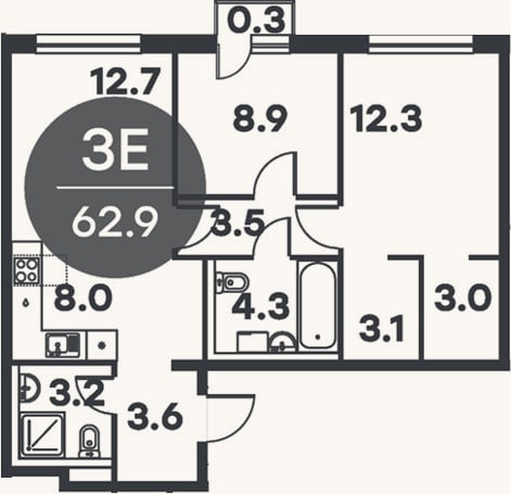 Планировка: 3-к, 62,6 м²