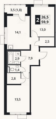 Планировка: 2-к, 58,1 м²