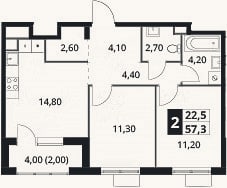 Планировка: 2-к, 55,3 м²