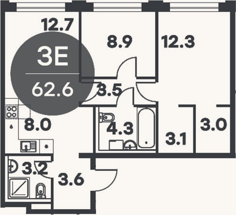 Планировка: 3-к, 62,6 м²