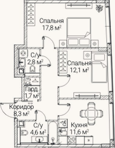Планировка: 2-к, 58,9 м²
