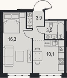 Планировка: 1-к, 33,8 м²