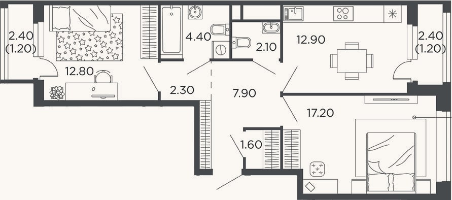 Планировка: 2-к, 61,2 м²